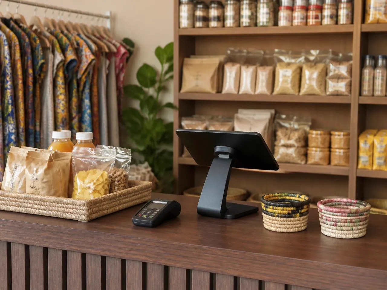 A shop counter with a tablet point-of-sale terminal, card reader and stocked shelves